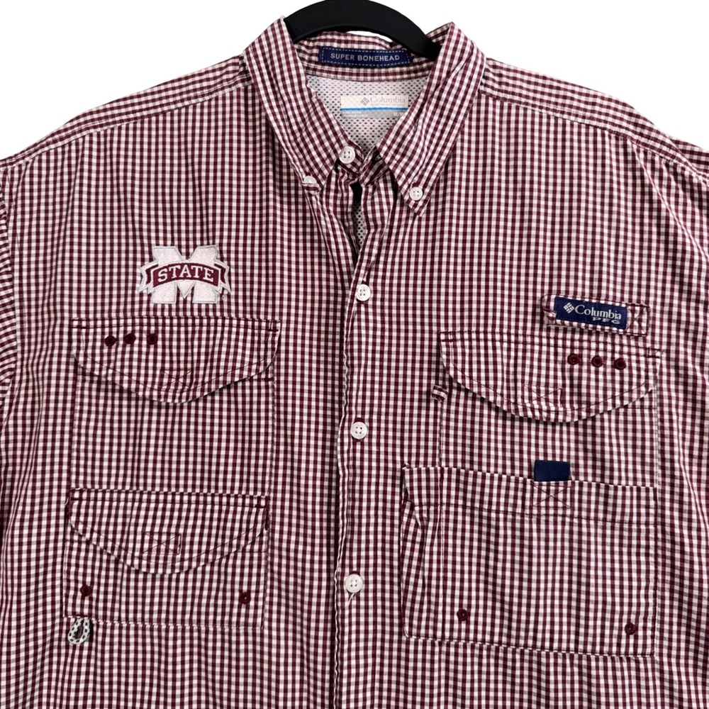 Mississippi State Columbia Fishing Shirt Men M Maroon Gingham Super Bonehead PFG